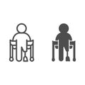 Man with prosthetic leg and crutches line and solid icon, disability concept, disabled person without leg sign on white Royalty Free Stock Photo