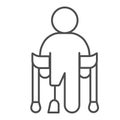 Man with prosthetic leg and crutches thin line icon, disability concept, disabled person without leg sign on white Royalty Free Stock Photo