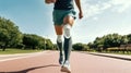 Man with prosthetic leg are running at park city, Fit young man with physical disability doing rehabilitation exercise routine