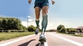 Man with prosthetic leg are running at park city, Fit young man with physical disability doing rehabilitation exercise routine