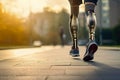 Man with prosthetic leg walking outdoor - Fitness and disability concept. Closeup. Generative AI Royalty Free Stock Photo