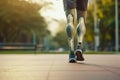 Man with prosthetic leg walking outdoor - Fitness and disability concept. Closeup. Generative AI Royalty Free Stock Photo