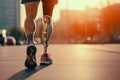 Man with prosthetic leg walking outdoor - Fitness and disability concept. Closeup. Generative AI Royalty Free Stock Photo