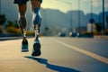 Man with prosthetic leg walking outdoor - Fitness and disability concept. Closeup. Generative AI Royalty Free Stock Photo