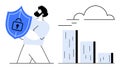 Man Protecting Data with Shield Lock Icon and Bar Chart Under Cloud Framework Royalty Free Stock Photo