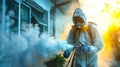 A man in protective gear spraying a cloud of smoke Royalty Free Stock Photo