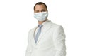 Man in protective mask and white suit isolated on white Royalty Free Stock Photo