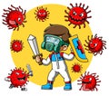 A man in protective suit or clothing holding sword fight corona virus