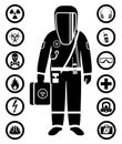 Industry concept. Black silhouette of worker in protective suit. Safety and health vector icons. Set of signs: chemical Royalty Free Stock Photo