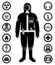 Industry concept. Black silhouette of worker in protective suit. Safety and health vector icons. Set of signs: chemical, Royalty Free Stock Photo