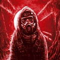 Man in gas mask. Infection area. Red color.