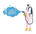 Man with protective suit holding pulverizer spray bag with smoke vector design