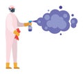 Man with protective suit holding pulverizer spray bottle with smoke vector design