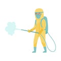 Man in Protective Suit and Mask Standing with Decontamination Equipment Disinfecting City Street Vector Illustration