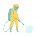 Man in Protective Suit and Mask Standing with Decontamination Equipment Disinfecting City Street Vector Illustration