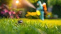 A man in a protective suit sprays the grass against ticks. Selective focus. Royalty Free Stock Photo