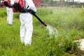 Man in protective workwear spraying herbicide on ragweed in an urban area. Weed control.