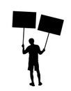 Man protester hold transparent in hand vector silhouette isolated. Hand holding protest sign.