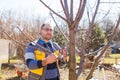 Young man pruning tree in the garden Royalty Free Stock Photo