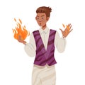 Man Psychic and Stage Magician Performing Trick Holding Flame with Bare Hands Vector Illustration