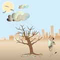 A man pull the cloud to water the nearly die tree. Royalty Free Stock Photo