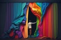 Man pulling the curtain up to a new colorful world, created with Generative AI technology Royalty Free Stock Photo