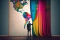 Man pulling the curtain up to a new colorful world, created with Generative AI technology Royalty Free Stock Photo