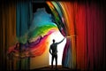 Man pulling the curtain up to a new colorful world, created with Generative AI technology