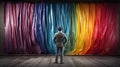 Man pulls curtain to reveal colorful new world, symbolizing discovery & wonder, Ai Generated Royalty Free Stock Photo