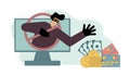 man pulls his hand to a wallet, money, credit cards. Fraudster. Money fraud. Deceiver. Vector isolated illustration on