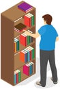 Man pulls out book from shelf. Librarian works with textbooks. Person standing next to bookcase