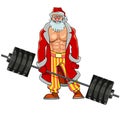 Man with pumped muscles dressed as Santa Claus stands with barbell