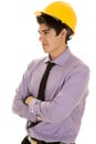 Man in purple dress shirt and hard hat arms folded Royalty Free Stock Photo