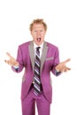 Man purple suit stand hands out mouth open