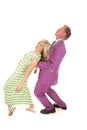 Man purple suit woman green dress lean back look