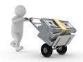 Man push hand truck with dollars. Isolated 3D