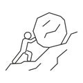 Man push hard stone in mountain. Drag load above you. Hard climb up mountain. Hard work challenge. Vector line Royalty Free Stock Photo