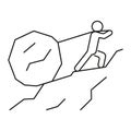 Man push up stone on rope in mountain, hard work, challenge. Drag load on rope. Hard climb up mountain. Vector line
