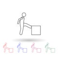 The man pushes the box with his foot multi color icon. Simple thin line, outline  of carrying and picking a box icons for ui Royalty Free Stock Photo