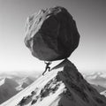 A man pushes a large, heavy stone to the top of a mountain.