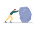 Man pushes a stone with effort trying to clear his way, flat vector isolated.