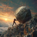 A man pushes a stone uphill. Backbreaking work. The path to success Royalty Free Stock Photo