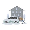 Man pushes stuck in snow and ice car during blizzard Royalty Free Stock Photo