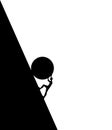 Man pushing big boulder uphill. Concept of fatigue, effort, courage, power, force Vector cartoon black silhouette in flat design