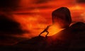 Man Pushing big stone uphill At Sunset. Businessman Push hardly the concrete Rock up to the top of mountain.