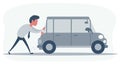 Man pushing a broken car. Car run out of fuel. Vector illustration, flat