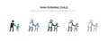 Man pushing child icon in different style vector illustration. two colored and black man pushing child vector icons designed in