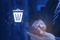 Man pushing the delete button on virtual screen. Recycle bin Royalty Free Stock Photo