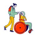 Man Pushing Disabled Woman Sitting in Wheelchair Hurry to Plane Boarding. Love, Family, Human Relations, Disability Royalty Free Stock Photo