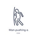 man pushing a door with his body icon from people outline collection. Thin line man pushing a door with his body icon isolated on